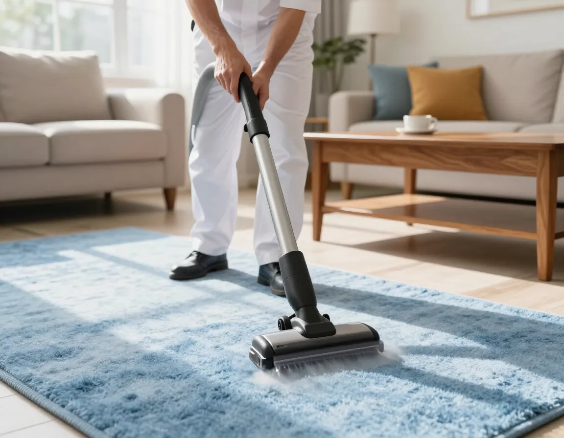 ABC Carpet Cleaners professional cleaning a plush carpet in a bright living room
